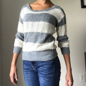 Grey and white striped knit sweater